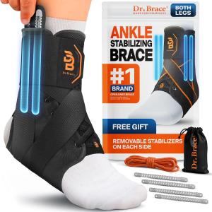 Dr. Brace Breathable Ankle Brace For Sprained Ankle, Slim Fit. Unique Multi-Function Removable Stabilizer- Quick Lace Up Ankle Support for Women Men, Easy to use for Injury, Sprain, Sports (Black, Medium)