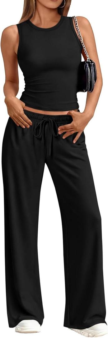 Trendy Queen Womens 2 Piece Sweatsuits Lounge Sets Track Suits Tank Tops Wide Leg Pants Spring Matching Outfits 2026 (Medium, Black)