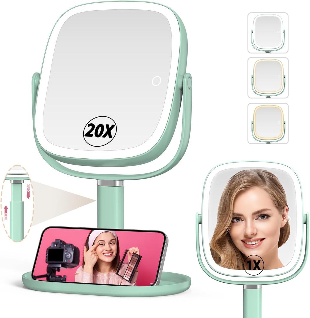 Mocado Makeup Mirror with Lights, 1X/20X Magnifying Mirror with Light, Vanity Mirror with 3 Colors Lights, Height Adjustable Lighted Makeup Mirror, Double Sided 360Rotation, Memory Function (Green)