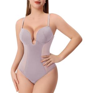 Thong Shapewear for Women Tummy Control Low Back U Plunge Backless Body Shaper Bra Faja with Open Crotch Bodysuit (Large, Pink)