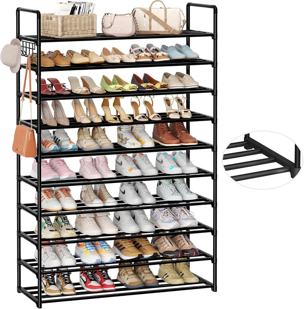 10-Tier Shoe Organizer - Large Metal Shoe Rack with Hooks, Fits 40-50 Pairs, Ideal for Closet, Entryway, Garage, Bedroom