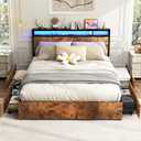 Full Size Bed Frame with Headboard, LED Platform Bed Frames with 4 Storage Drawers, Built in Charging Station, Noise Free, Stable and Solid, No Box Spring Needed, Rustic Brown