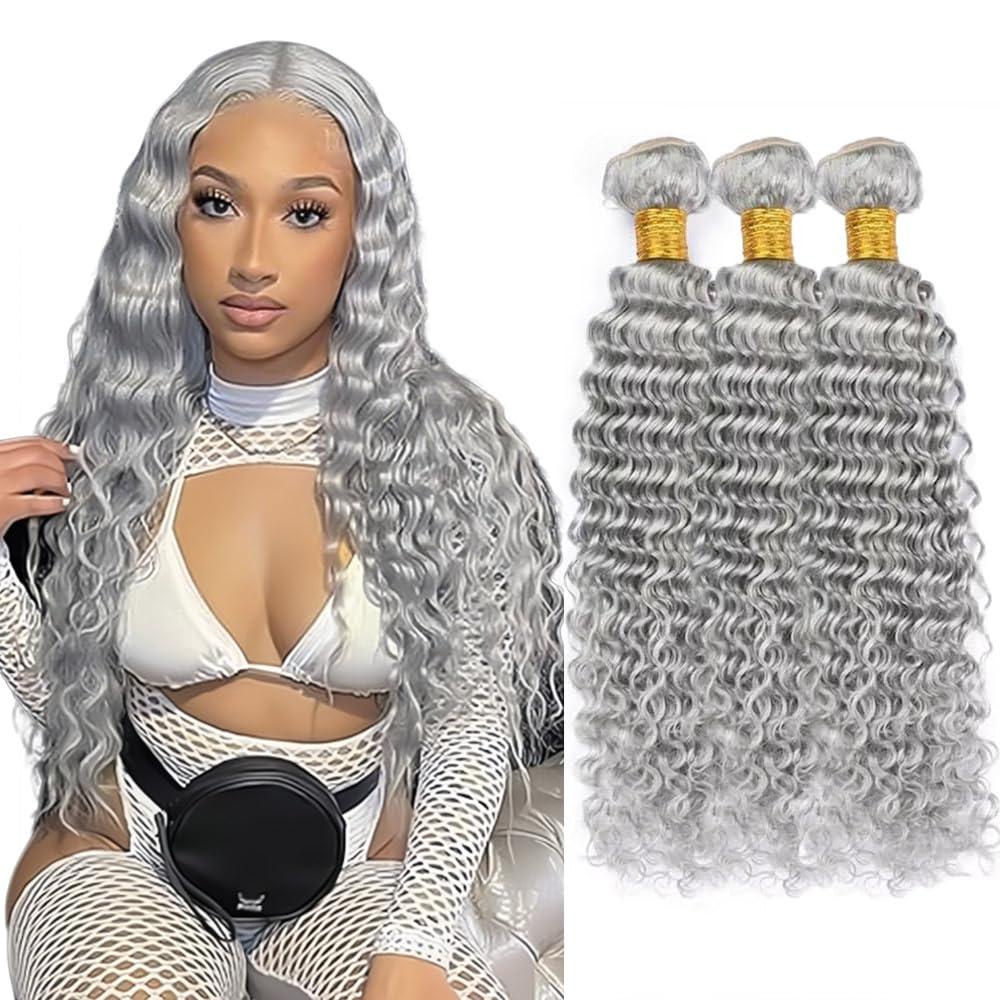 Gray Deep Wave Bundles Human Hair Silver Bundle 18 20 22 Inch Niegmeag Peruvian Virgin Soft And Silky Remy Hair Extensions Grey Deep Wave Bundles 300g