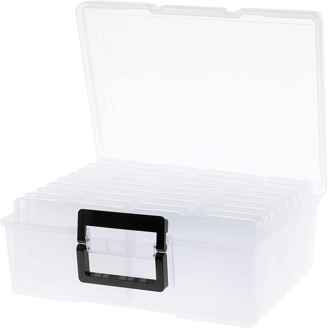 Photo Storage Box 5" x 7", 18 Inner Extra Large Photo Organizer Container, Plastic Craft Storage Box with Handle for Pictures Stickers Stamps Seeds