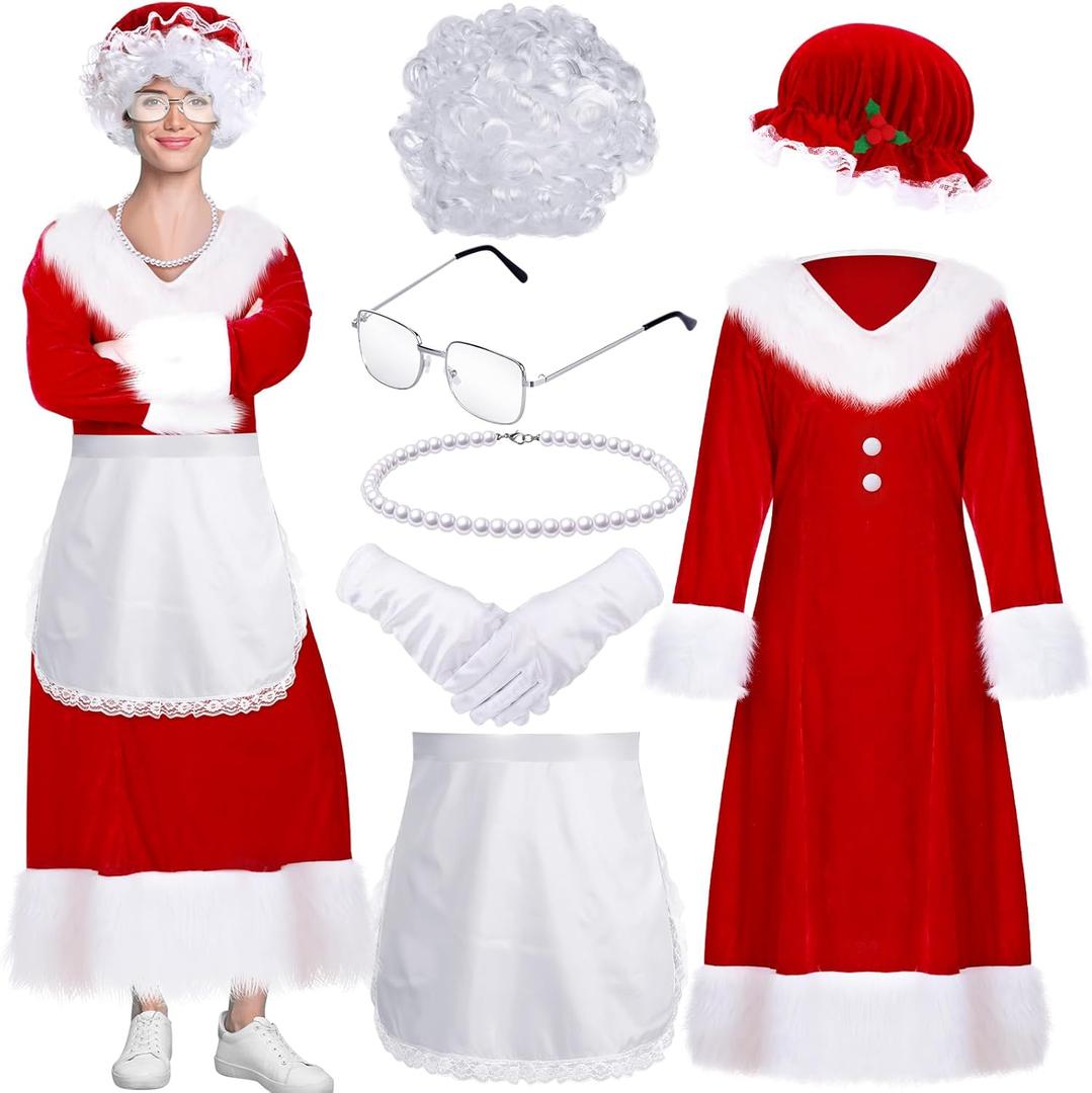 Shinymoon 7 Pcs Mrs. Claus Costume for Women Santa Claus Costume Thick Velvet Santa Dress Outfit for Christmas Party (Large, Red)