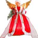 Angel Christmas Tree Topper with Lights, 12 Inch Lighted Angel Xmas Tree Toppers Decoration, Luxury Red Fabric Angel Figurine Ornament for Christmas Tree Holiday Party Indoor Decor