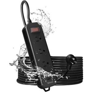 Outdoor Power Strip Weatherproof, 25 FT Extension Cord, Diivoo Waterproof Surge Protector with 4 Outlets 1250W Shockproof Overload Protection, Flat Plug, Black