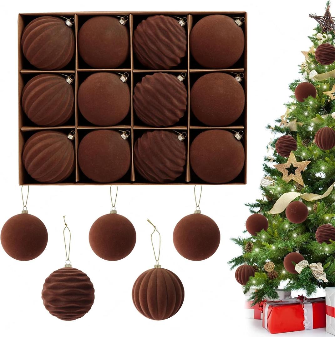 3.15 inch Velvet Christmas Ornaments Balls Sets, 12 PCS Velvet Ornaments for Christmas Tree, Flocked Ornaments Balls for Holiday Party Xmas Hanging Decoration (Brown, 3.15inch)