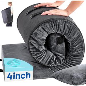 Memory Foam Camping Mattress Pad with Pillow - Extra Thick 4 Inch Sleeping Pad for Camping, Waterproof Roll Up Cot Mattress Topper Bed Mat for Car Truck Tent RV, with Storage Bag