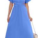 Women Square Neck Short Sleeve Dress 2025 Summer Midi Dresses Crossover Waist Casual Evening Party Vacation Dress (Blue, M)