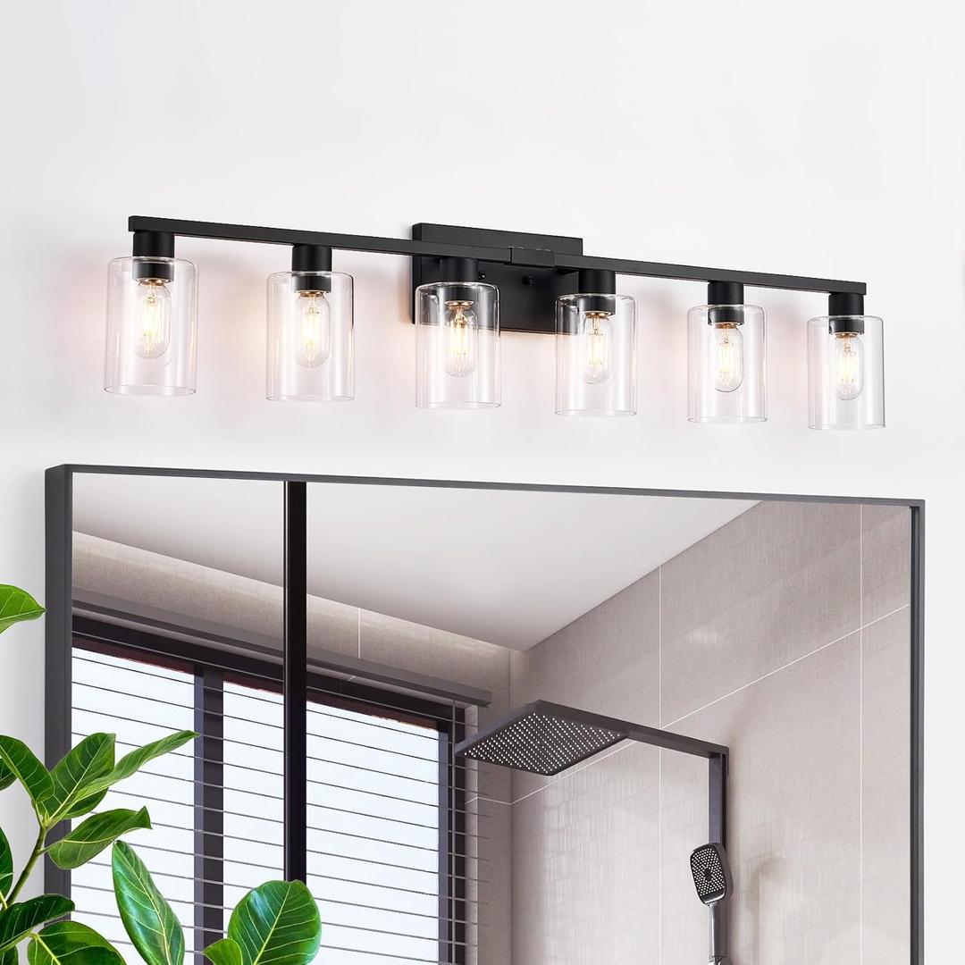 6-Light Bathroom Vanity Light Black Vanity Lights for Bathroom Light Fixtures Matte Black 6 Light Fixtures with Clear Glass Shades for Bath Over Mirror