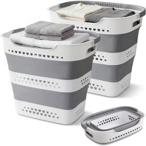 2 Pcs 42L Collapsible Laundry Baskets- Foldable Laundry Basket with Handles, Sturdy Plastic Pop Up Laundry Hamper, Space Saving Storage Container for Wet/Dry Use, Ideal for Home, Dorm, Apartment Grey