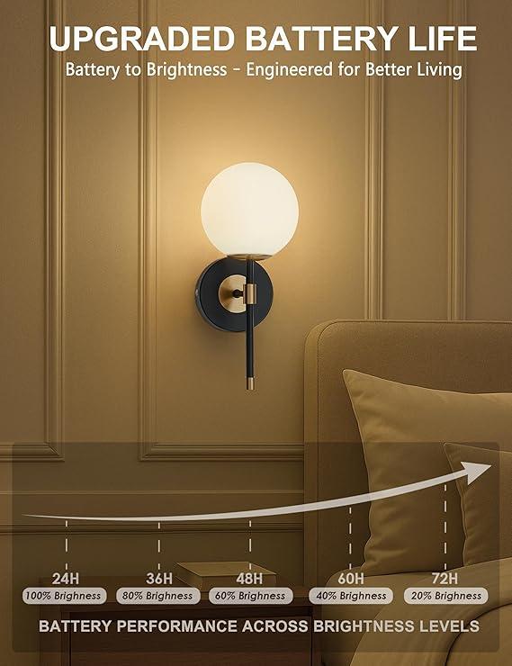 MSTETO Battery Operated Globe Wall Sconce, Black & Gold Wireless Wall Light with Remote Control, Rechargeable 3 Color Stepless Dimming Modern Wall Decor Lamp for Bedroom Living Room Hallway