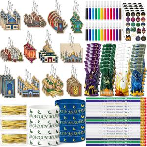 BreezeHug 141 Pcs Ramadan Mubarak Gifts Includes Ramadan Pencils Silicone Wristbands Islamic Stickers Eid Cellophane Gift Bag Colored Pencil Wooden Hanging Ornaments for Mubarak Party Gifts Supplies