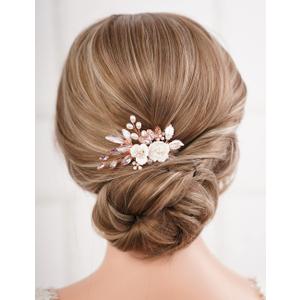 Missgrace Bridal Hair Accessories: Crystal Pearl Leaf Rhinestone Hair Comb, Gold Flower Side Clips for Brides and Women (Rose Gold Pink)