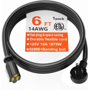 HUANCHAIN 14 Gauge 6 Feet Flat Plug Extension Cord Black Indoor Outdoor, Heavy Duty 3 Prong Grounded Low Profile Extension Wire Flexible, 15A 1875W 125V 14AWG SJTW, ETL Listed