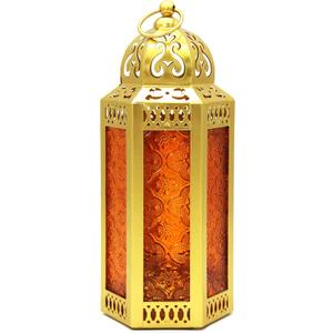 CVHOMEDECO. Decorative Candle Lantern Moroccan Lanterns Vintage Golden Metal Lantern Holder for Home Patio Outdoor Decor. Amber Glass, Medium