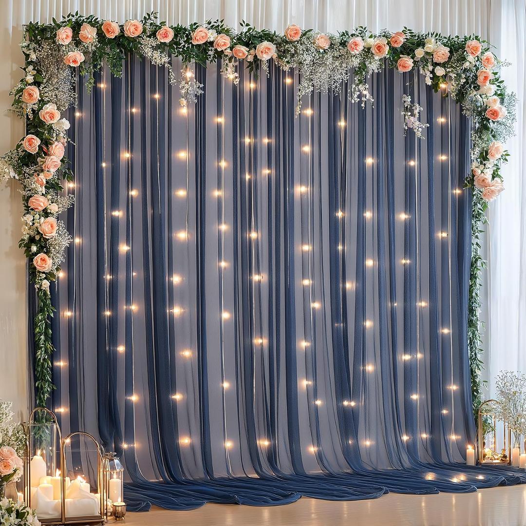 10x10ft Navy Blue Tulle Backdrop Curtain with Lights String for Parites, Sheer Backdrop Curtains for Wedding Baby Shower Birthday Party Photo Shoot Decorations (10ft x 10ft(2 Panels 5*10ft))
