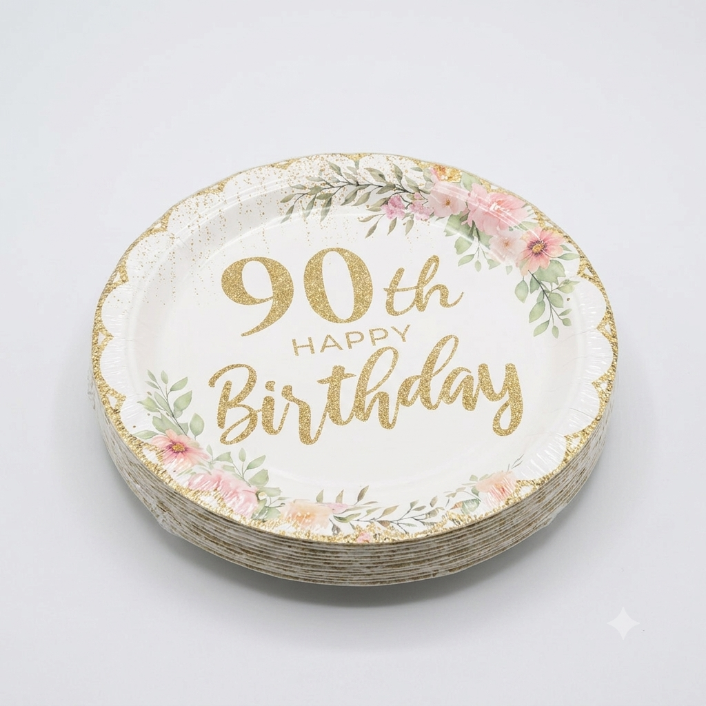 50PCS Happy 90th Plates Floral Dessert Plates and Napkins Disposable Best Mom Ever Theme Supplies for Birthday Party Decorations
