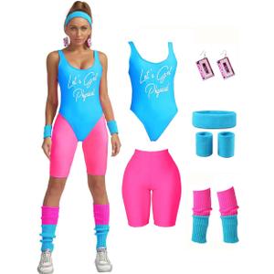 MIAIULIA Womens 80s Workout Costume Outfit 80s Accessories Set Leotard Neon Legging Headband Wristbands Set (Large, Lets Get Physical Short Blue)