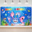 Mocsicka Shark Birthday Backdrop - Cartoon Shark Banner Background for Kids Birthday Decorations, Under The Sea Theme Party Supplies