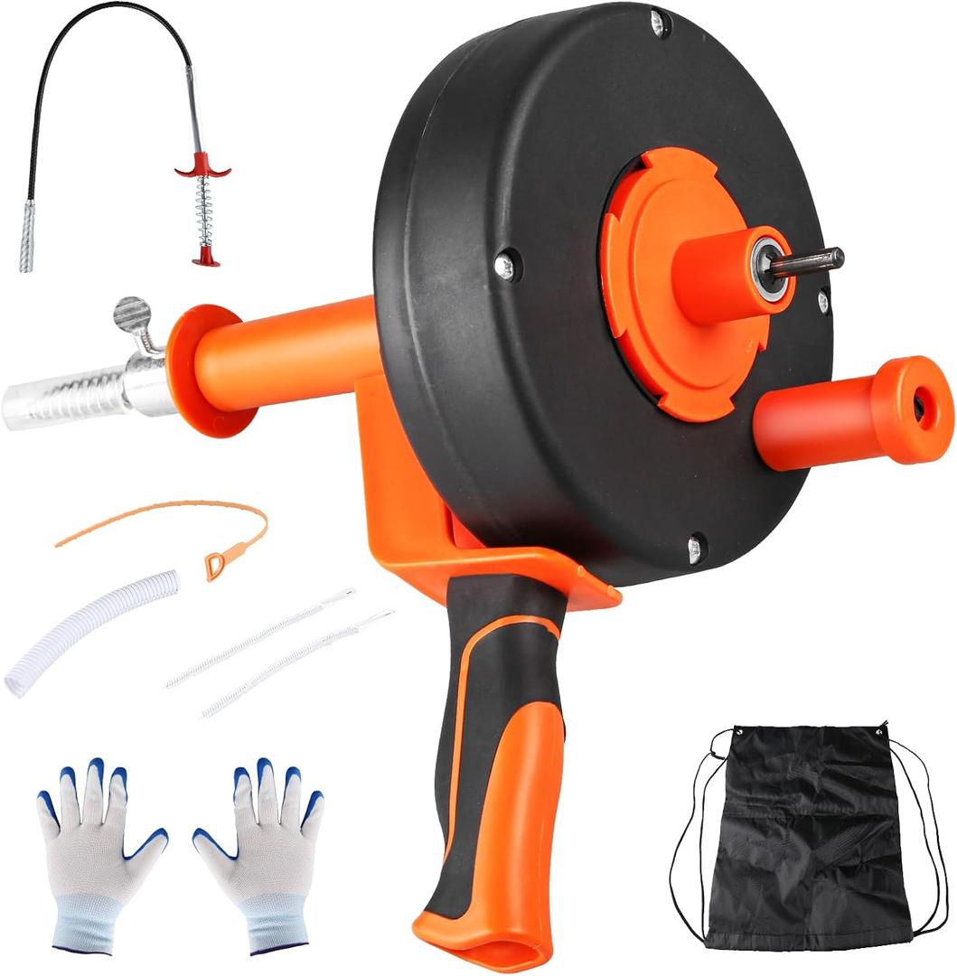 Drain Auger 25 Ft,Plumbing Snake With Drill Adapter,Pipe Clog Remover for Kitchen Bathroom Shower Sink Cleaning,Flexible Spring Steel (Orange)