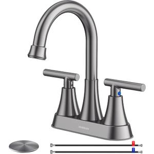 Bathroom Faucets for Sink 3 Hole, Hurran 4 inch Brushed Grey Bathroom Sink Faucet with Pop-up Drain and Supply Hoses, Stainless Steel Lead-Free Centerset Touch On Faucets for Vanity RV