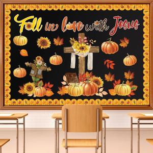 2 x Fall Bulletin Board Ddcorations Set Christian Religious Fall in Love with Jesus Bulletin Boards Decoration Sunflower Pumpkin Cross Christian Theme Cutouts for Classroom Library Home Window Wall Decor