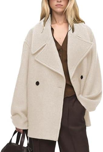 Tomosc Women Double Breasted Short Peacoat Winter Oversized Notched Lapel Cropped Wool Blend Coat Jacket with Pockets, S