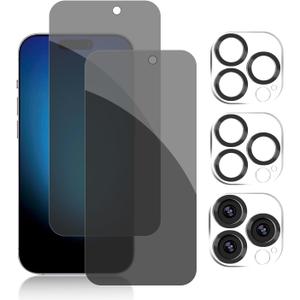 Pehael [2+2 Pack] iPhone 15 Pro Privacy Screen Protector with Camera Lens Protector Full Coverage Anti-Spy Tempered Glass Film 9H Hardness Upgrade Edge Protection Easy Installation Bubble Free
