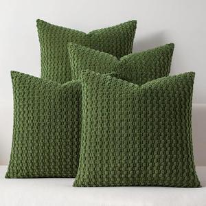 Kevin Textile Spring Throw Pillow Covers Pack of 4 Spring Super Soft Boho Corduroy Decorative Pillow Covers Cases Solid Color Plush Texture Throw Pillows for Sofa Couch Chair 18x18 Inch, Green