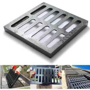 Cast Iron Drain Grate, 12 * 12in Heavy Duty Outdoor Drain Cover, B125 Class Channel Grate, Metal Sewer Grate, Black Square Drainage Grate for Concrete Floor, Yard, Driveway & Garage.