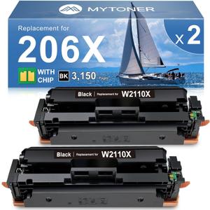 MYTONER 206X Black High Yield Toner Cartridge (with Chip) Compatible Replacement for HP 206X 206A W2110X W2110A for Color Pro MFP M283fdw M283cdw Pro M255dw M255nw M283 M255 M282 Printer (2 Pack)
