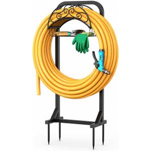 Garden Hose Holder Water Hose Reel Stand with Storage Basket Holds 160ft, Heavy Duty Freestanding Hose Stand with Triangular Base, Metal Hanger for Outside Yard Lawn, Black