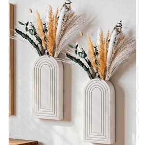 DREAMLOOM 2 Pack Wooden Wall Vases with Fake Plants, Wall Hanging Planters Boho Modern Farmhouse Indoor for Narrow Spaces Entryway Bathroom Home Office Decoration, White