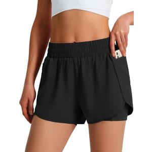 Ksmien Women's Running Shorts Quick Dry Lightweight Athletic Workout Shorts with Liner Phone Pockets (Black)