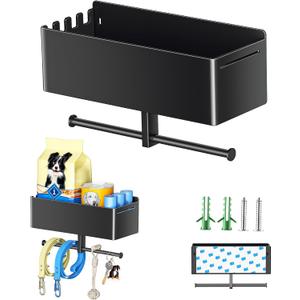 Dog Leash Holder for Wall, Dog Leash Hooks, Wall Mounted Leashes Hangers, Dog Storage Organizer, Key Holder with Storage Shelf, Pet Stuff Organizer for Pet Toys, Collar, Treats, Poop Bag (Black)