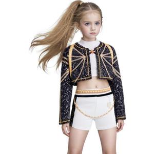Girls Cosplay Costume, Popular Singer Stage Outfit, Black Printed, 7-8Y