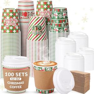 Cunhill 100 Sets Christmas Disposable Coffee Cups with Lids and Sleeves Christmas Paper Cups for Holiday Party Drinks Cold Beverage Hot Cocoa Chocolate Drinking (12 oz)