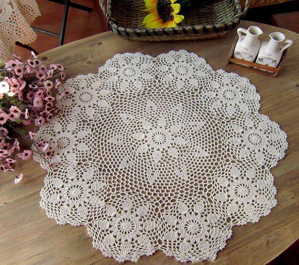 Cotton Handmade Crochet lace Table Runners Round Tablecloth Doilies Doily Table Dresser Scarf Décor,23 inch,Beige