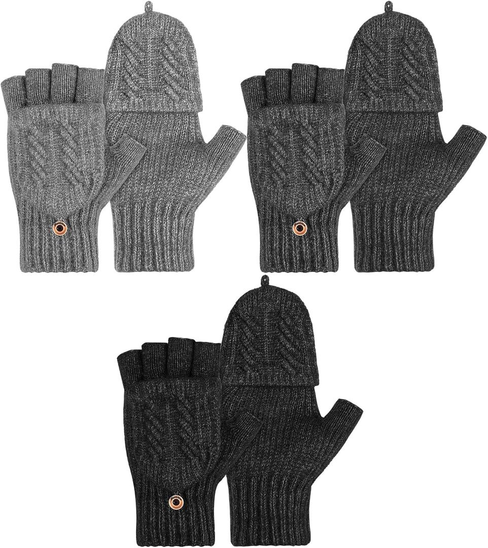 SATINIOR 3 Pairs Winter Fingerless Wool Gloves Warm Knitted Convertible Mittens Flap Cover Texting Mittens for Women Men (Multicolored)