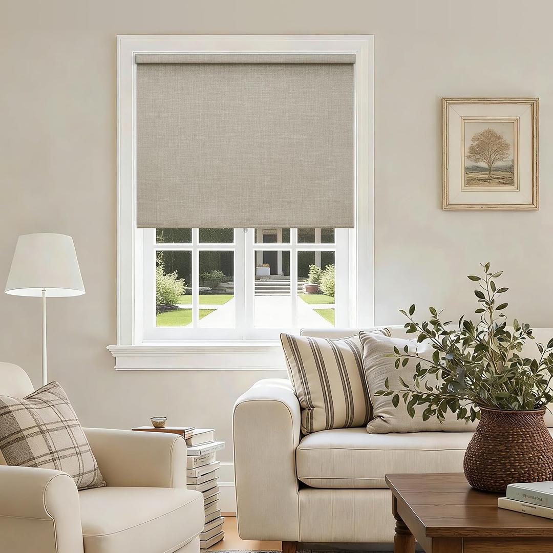 100% Blackout Roller Shades Cordless Blinds for Windows, Free-Stop Blind with Beige Linen Valance Thermal Insulated UV Protection Privacy Window Shades for Bedroom Living Room Oatmeal 34.5" W x 72" H
