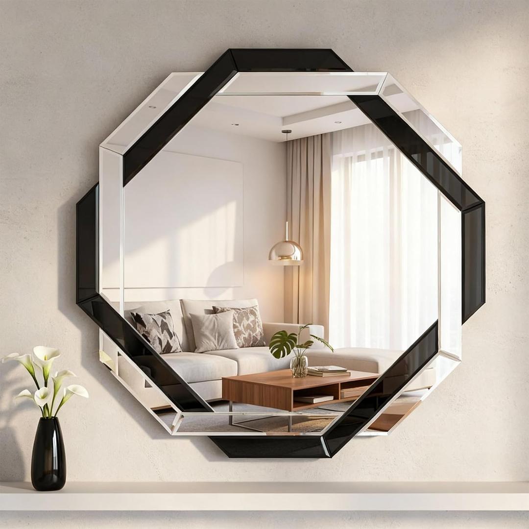 Vercraft Bathroom Mirror Decorative Beveled Edge Frameless Mirror Wall Mirrors Hexagon Silver Polished for Wall Bathroom Vanity Room Bedroom Living Room and Enter Way (24"24")