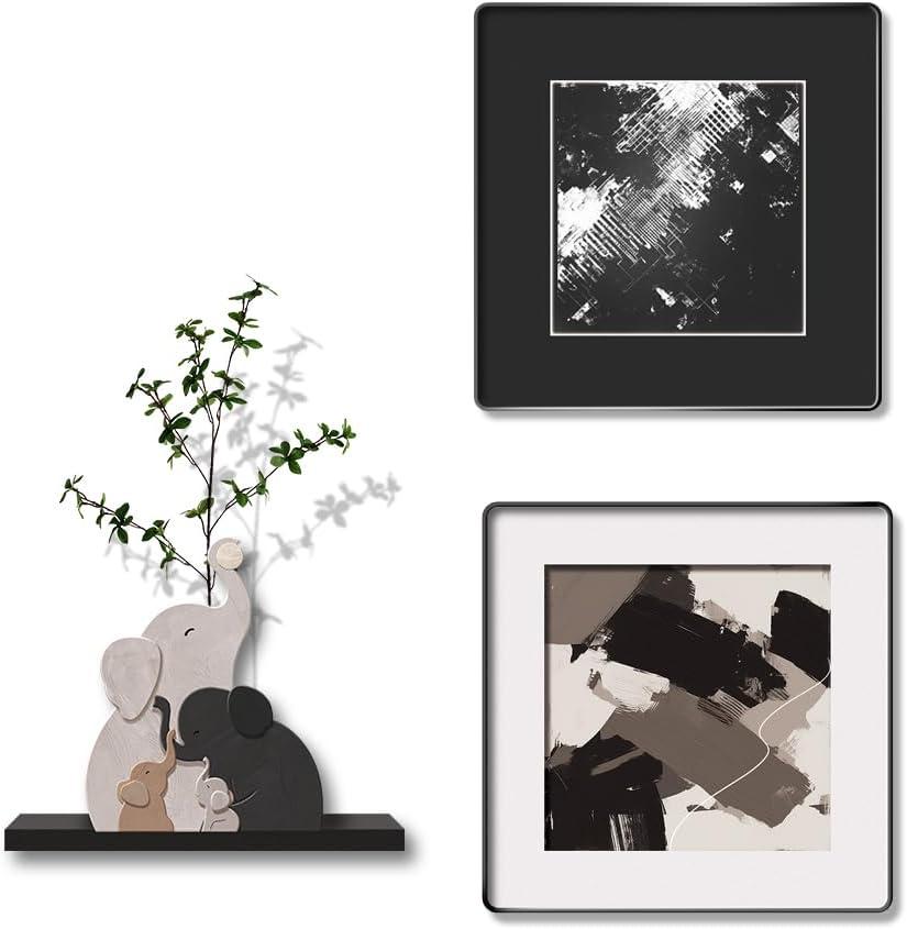 3-piece Bohemian gallery wall decoration set, 2 high-definition crystal porcelain frame abstract prints+wooden elephant sculptures+artificial green plants, soft black border frame, minimalist wall art for living room and bedroom entrances, 15.75"x15.75"
