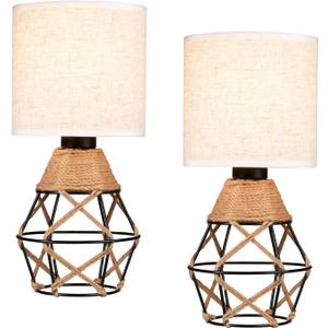 Hamilyeah Woven Table Lamps Set of 2, Farmhouse Lamps for Nightstand with On/Off Switch, Bedside Lamps with Fabric Shade, Modern Simple Lamps for Bedroom, Living Room,Home Office (2PACK Linen Shade&Black Cage Base)
