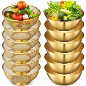 Nuogo 12 Pcs Stainless Steel Microporous Colander Set Gold Kitchen Strainer with 54 oz Metal Mixing Bowls Rice Washing Colander Gold Kitchen Utensils for Draining Vegetables Pasta Meat Fruit Potato