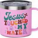 Jesus Touched My Water Mug with Lid - Jesus Gifts for Women - 14oz Pink Christian Coffee Mugs for Women Insulated Stainless Steel