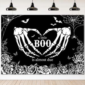 Mocsicka Halloween Baby Shower Backdrop Gothic Skeleton Love Hands Baby Shower Background A Little Boo is Almost Due Party Decorations Banner Photo Studio Props (8x6ft)