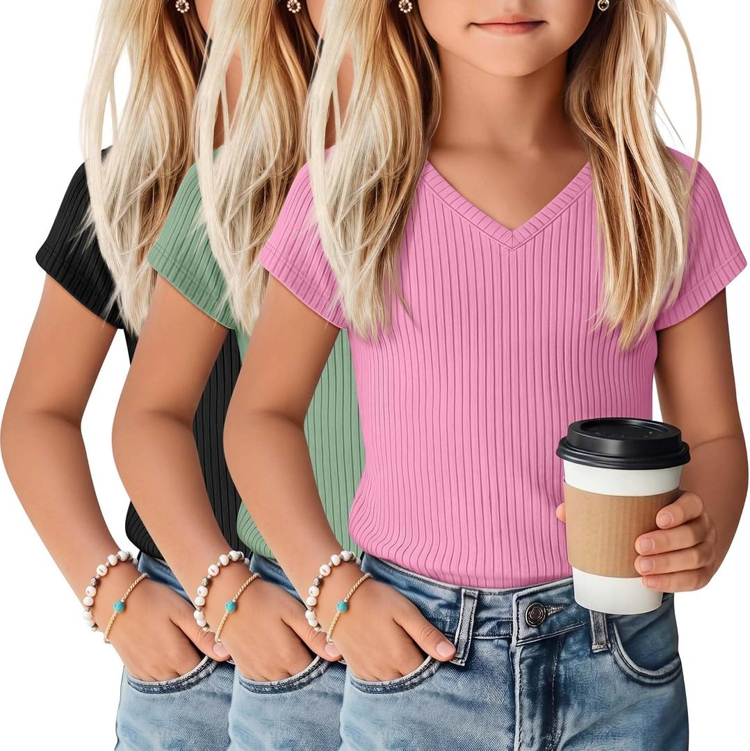 3 Pack Girls Shirts Kids V Neck Short Sleeve Ribbed Knit Tunic Tops Slim Fit Casual Cute Basic Summer Solid Tee