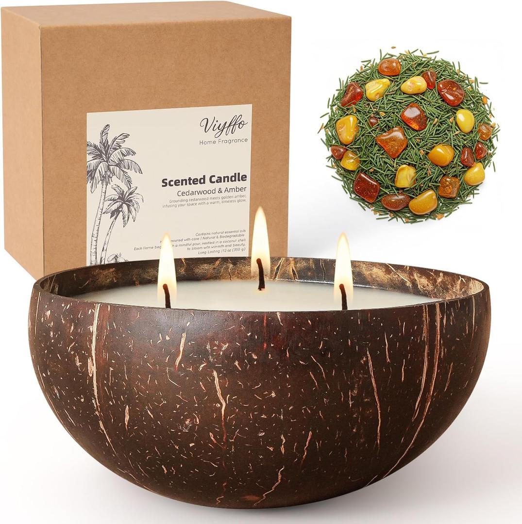 Viyffo Large Non Toxic Soy Candle - Winter Cedarwood & Amber, 12oz 3 Wick Scented Candle for Women & Men, Natural Coconut Shell Jar Perfect for Home Decor & Unique Nature Gift
